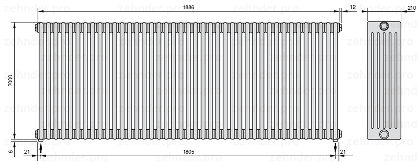 Схема (чертеж) Радиатор Zehnder Charleston 6200/41 №3570 Белый глянцевый RAL 9016